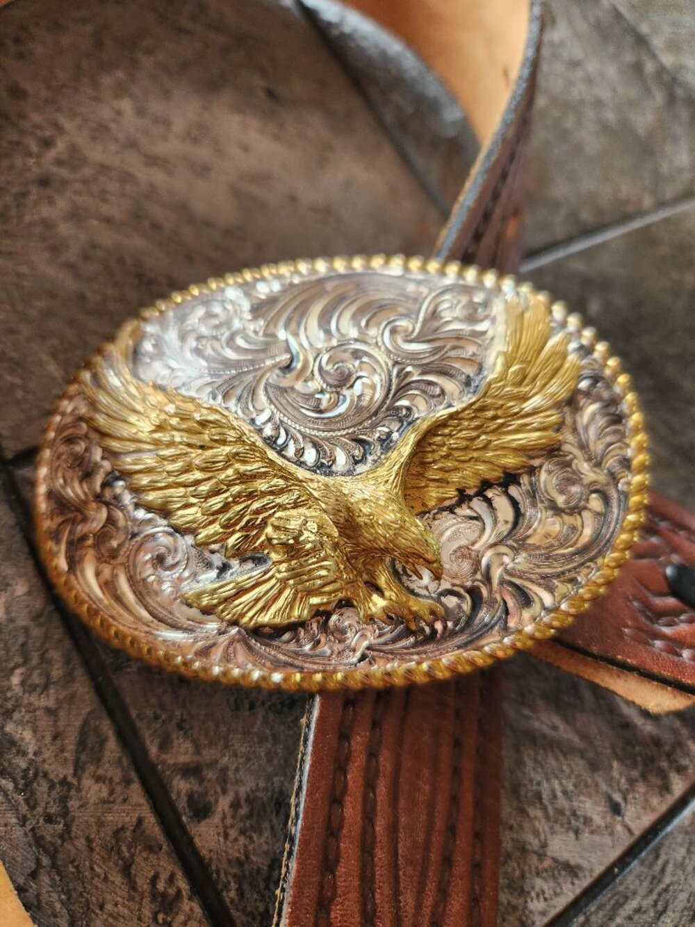 Crumrine Eagle Buckle Tooled Leather Western Belt Brown Silver Gold Tone